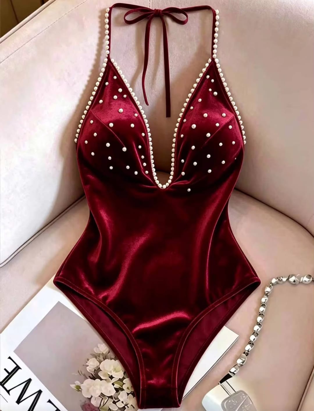Elegant Navy Blue Faux Pearl Embellished Halter Neck Satin Bodysuit Swimsuit